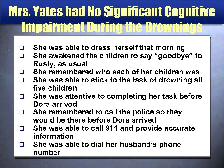 Mrs. Yates had No Significant Cognitive Impairment During the Drownings q q q q