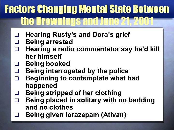 Factors Changing Mental State Between the Drownings and June 21, 2001 q q q