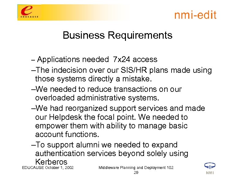 Business Requirements – Applications needed 7 x 24 access –The indecision over our SIS/HR