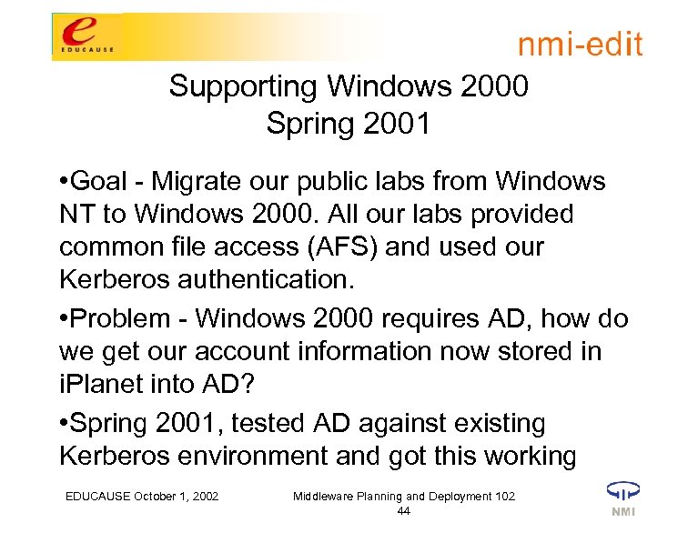 Supporting Windows 2000 Spring 2001 • Goal - Migrate our public labs from Windows