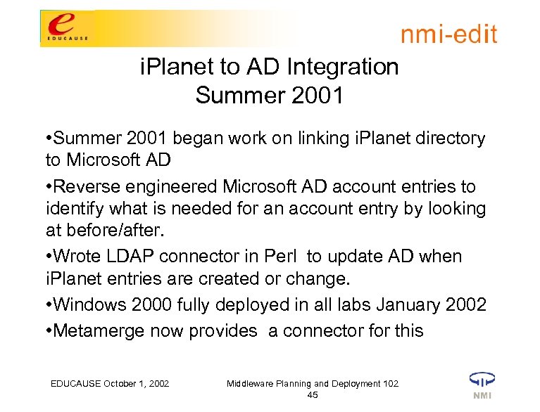 i. Planet to AD Integration Summer 2001 • Summer 2001 began work on linking
