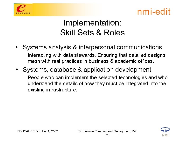 Implementation: Skill Sets & Roles • Systems analysis & interpersonal communications Interacting with data