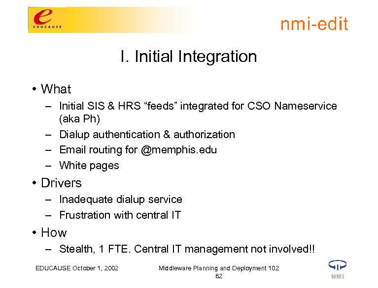 I. Initial Integration • What – Initial SIS & HRS “feeds” integrated for CSO