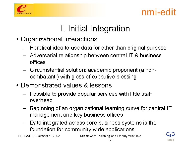 I. Initial Integration • Organizational interactions – Heretical idea to use data for other