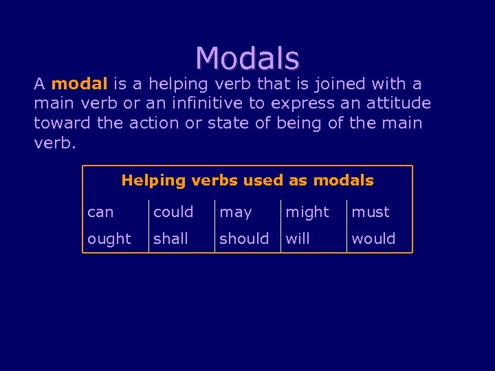 Modals A modal is a helping verb that is joined with a main verb