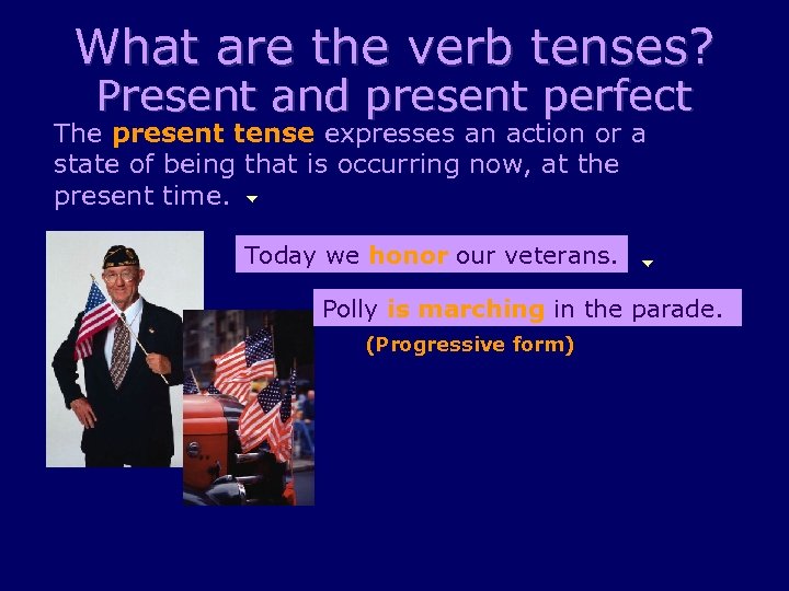 What are the verb tenses? Present and present perfect The present tense expresses an