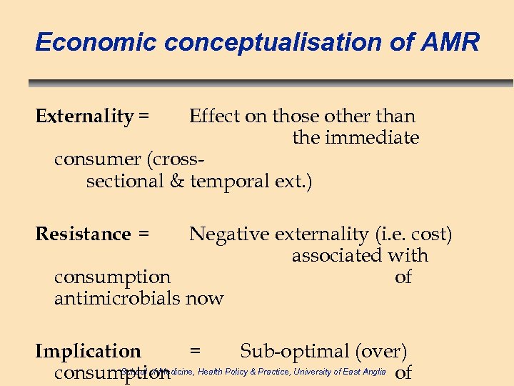 Economic conceptualisation of AMR Externality = Effect on those other than the immediate consumer