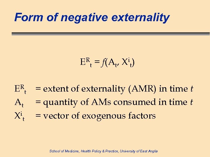 Form of negative externality ERt = f(At, Xit) ERt = extent of externality (AMR)
