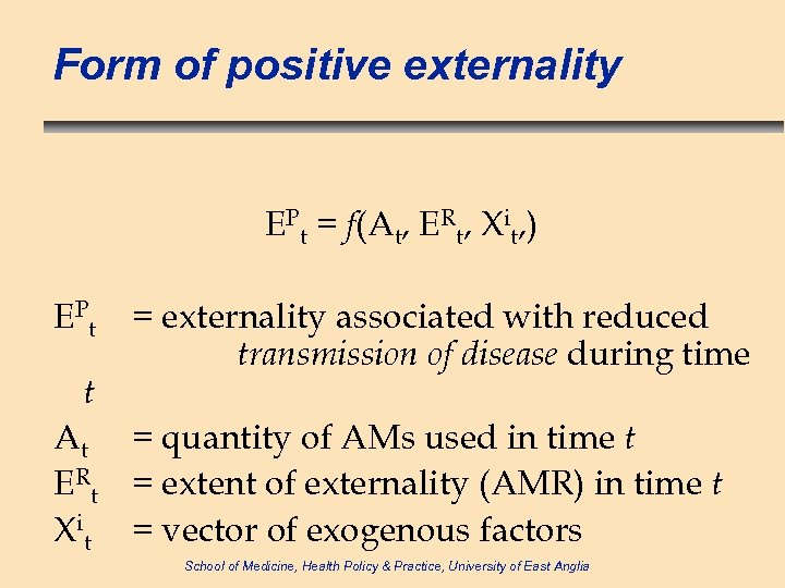 Form of positive externality EPt = f(At, ERt, Xit, ) E Pt t =