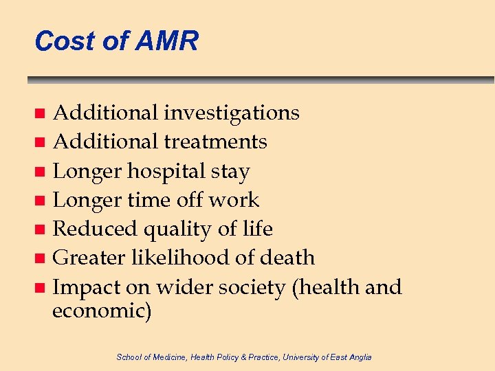 Cost of AMR Additional investigations n Additional treatments n Longer hospital stay n Longer