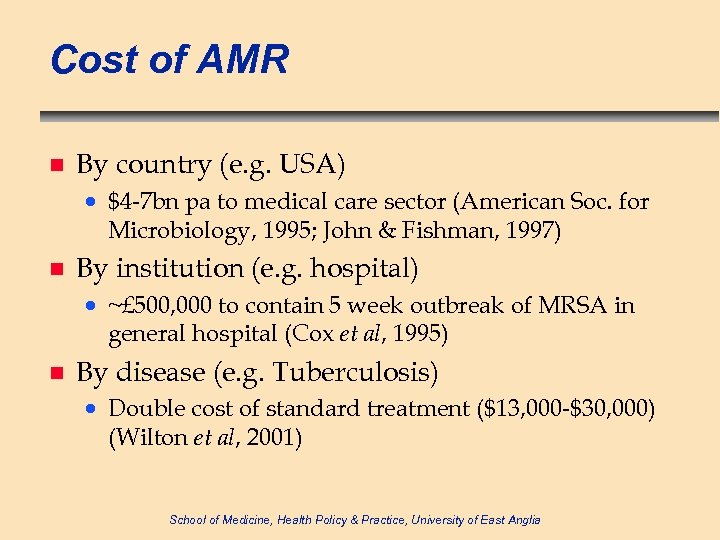 Cost of AMR n By country (e. g. USA) · $4 -7 bn pa
