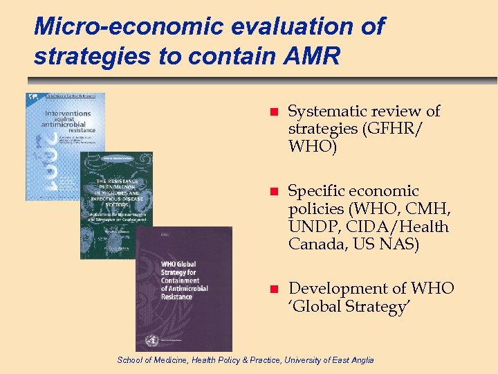 Micro-economic evaluation of strategies to contain AMR n Systematic review of strategies (GFHR/ WHO)
