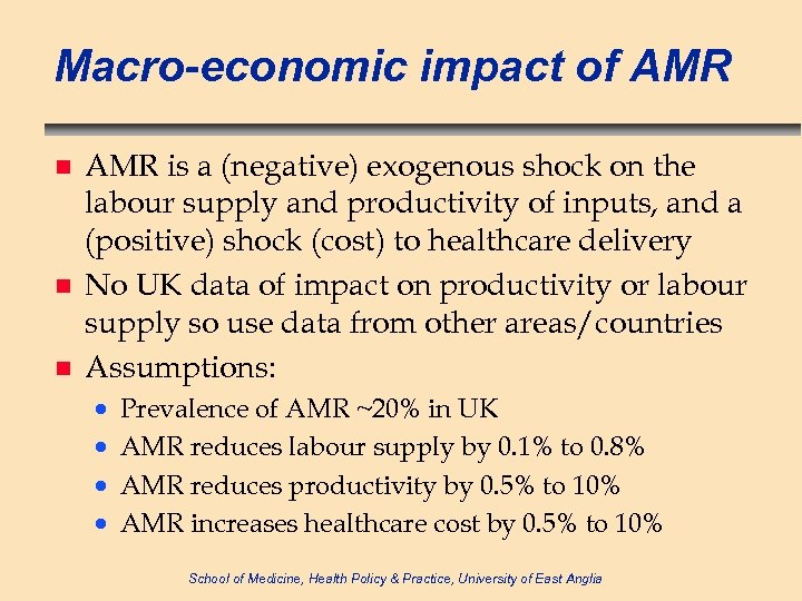 Macro-economic impact of AMR n n n AMR is a (negative) exogenous shock on