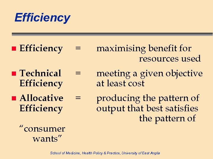 Efficiency n Efficiency = maximising benefit for resources used n Technical Efficiency = meeting
