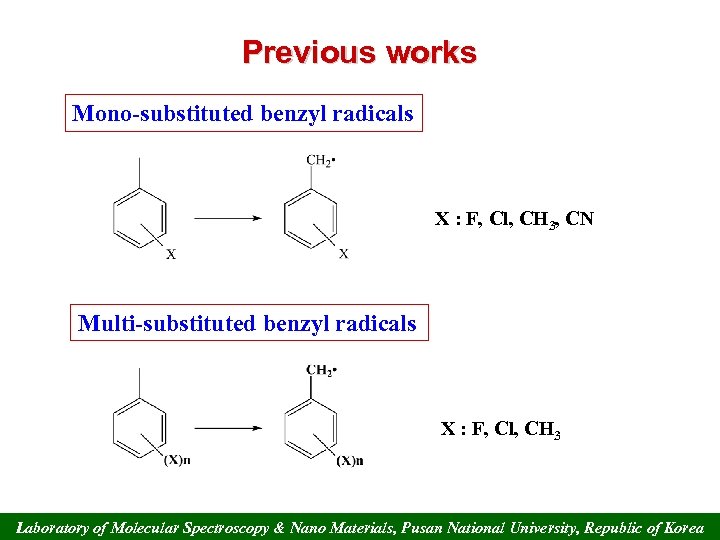 Previous works Mono-substituted benzyl radicals X : F, Cl, CH 3, CN Multi-substituted benzyl