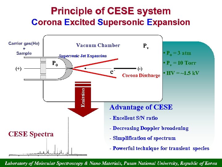 Principle of CESE system Corona Excited Supersonic Expansion Carrier gas(He) + Sample Pv Supersonic