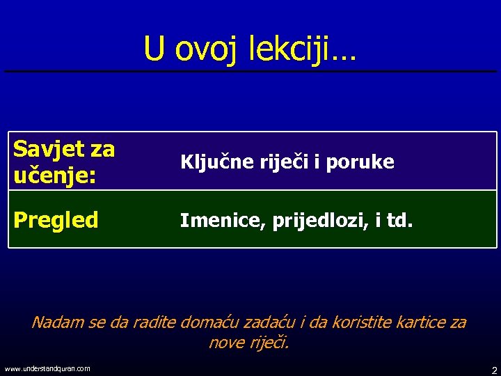 U ovoj lekciji… Savjet za učenje: Ključne riječi i poruke Pregled Imenice, prijedlozi, i