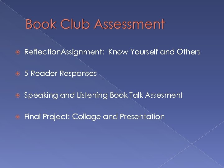 Book Club Assessment Reflection. Assignment: Know Yourself and Others 5 Reader Responses Speaking and