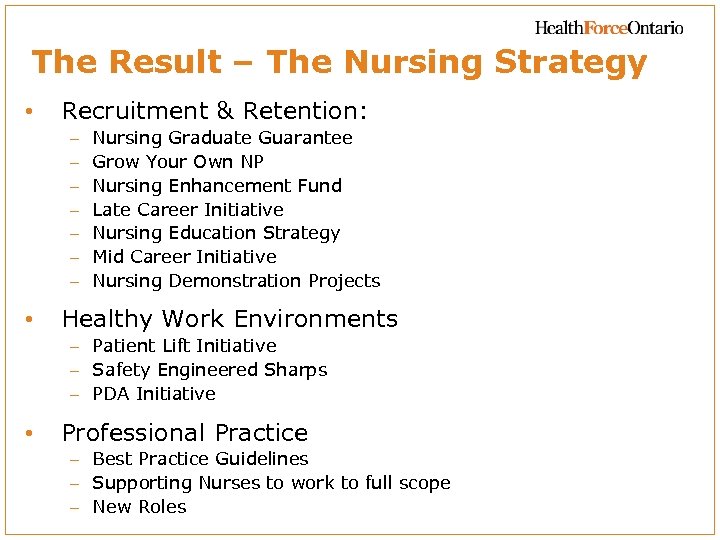 The Result – The Nursing Strategy • Recruitment & Retention: – – – –