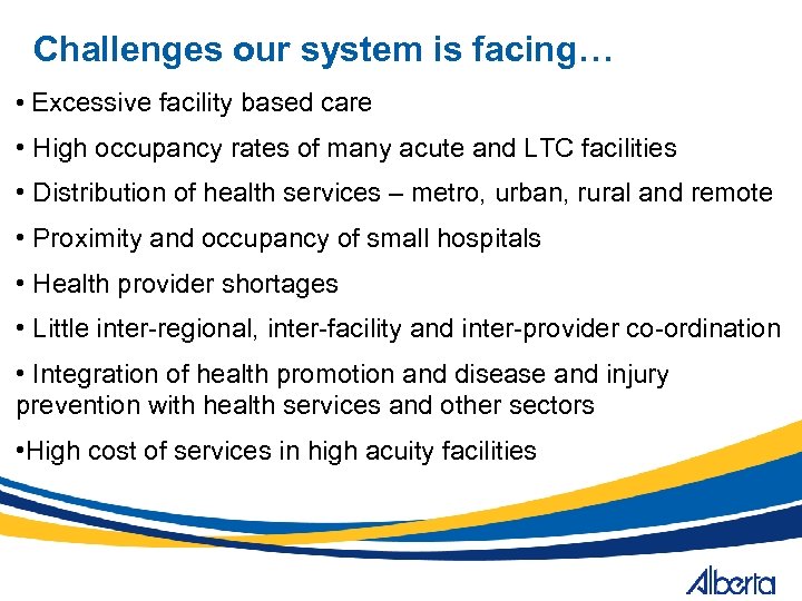 Challenges our system is facing… • Excessive facility based care • High occupancy rates