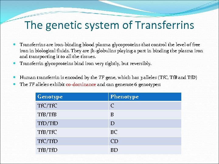 The genetic system of Transferrins are iron-binding blood plasma glycoproteins that control the level