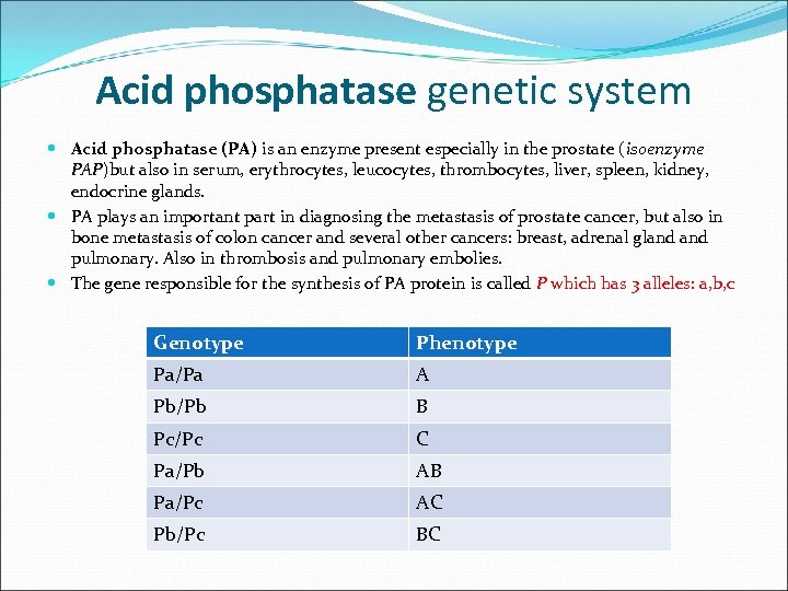 Acid phosphatase genetic system Acid phosphatase (PA) is an enzyme present especially in the