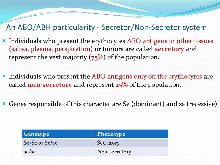 An ABO/ABH particularity - Secretor/Non-Secretor system Individuals who present the erythocytes ABO antigens in