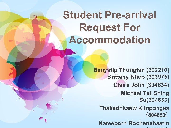 Student Pre-arrival Request For Accommodation Benyatip Thongtan (302210) Brittany Khoo (303975) Claire John (304834)