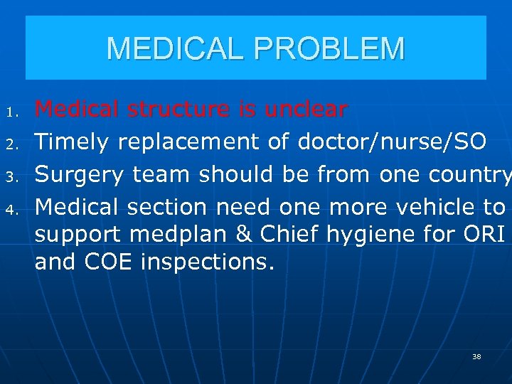 MEDICAL PROBLEM 1. 2. 3. 4. Medical structure is unclear Timely replacement of doctor/nurse/SO