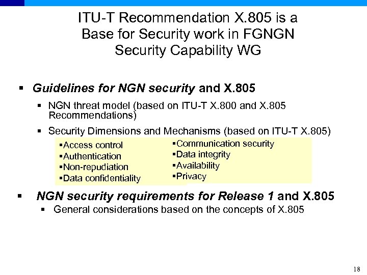 ITU-T Recommendation X. 805 is a Base for Security work in FGNGN Security Capability