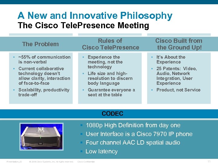 A New and Innovative Philosophy The Cisco Tele. Presence Meeting The Problem § ~55%