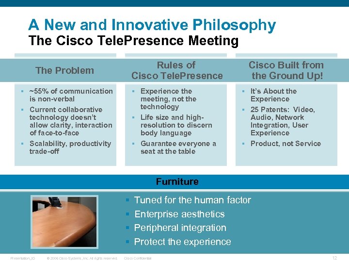 A New and Innovative Philosophy The Cisco Tele. Presence Meeting The Problem § ~55%