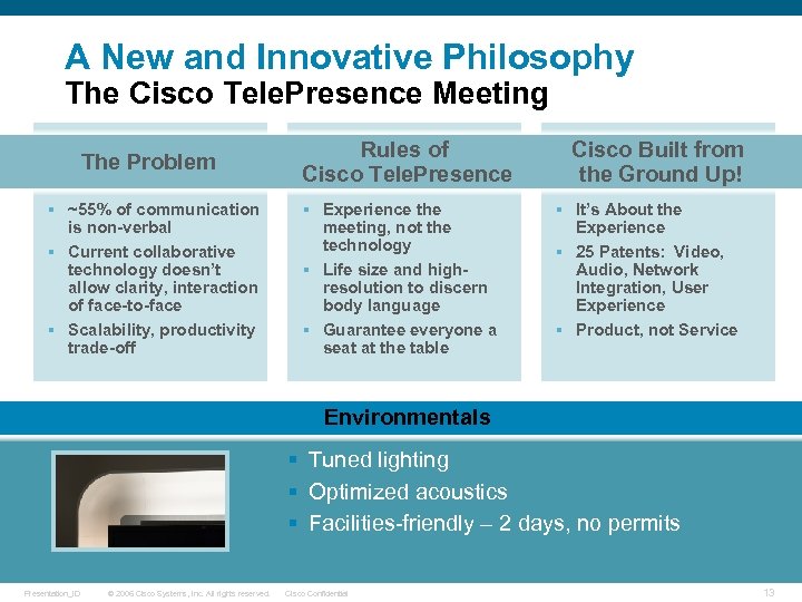 A New and Innovative Philosophy The Cisco Tele. Presence Meeting The Problem § ~55%