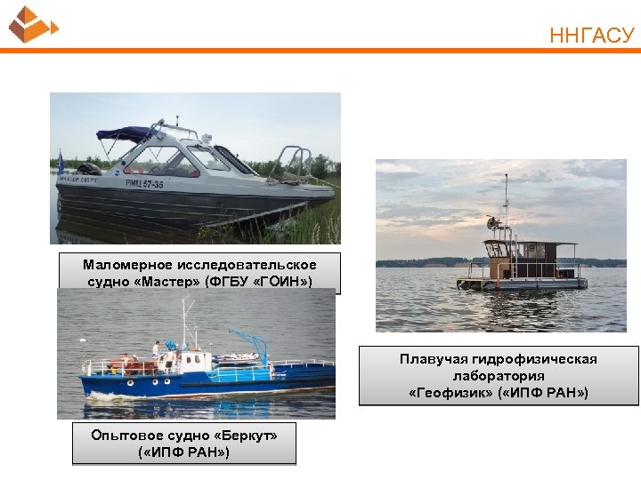 ННГАСУ Маломерное исследовательское судно «Мастер» (ФГБУ «ГОИН» ) Плавучая гидрофизическая лаборатория «Геофизик» ( «ИПФ
