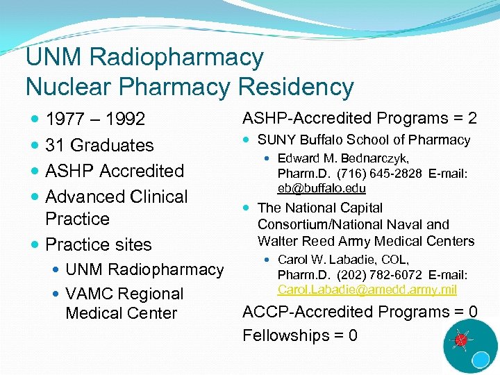 UNM Radiopharmacy Nuclear Pharmacy Residency 1977 – 1992 31 Graduates ASHP Accredited Advanced Clinical