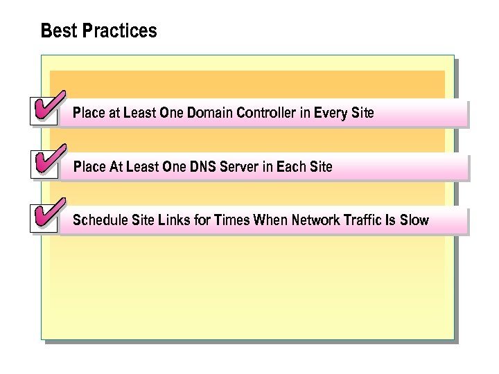 Best Practices Place at Least One Domain Controller in Every Site Place At Least