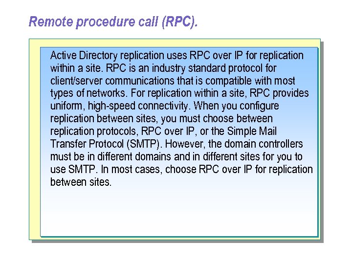 Remote procedure call (RPC). Active Directory replication uses RPC over IP for replication within