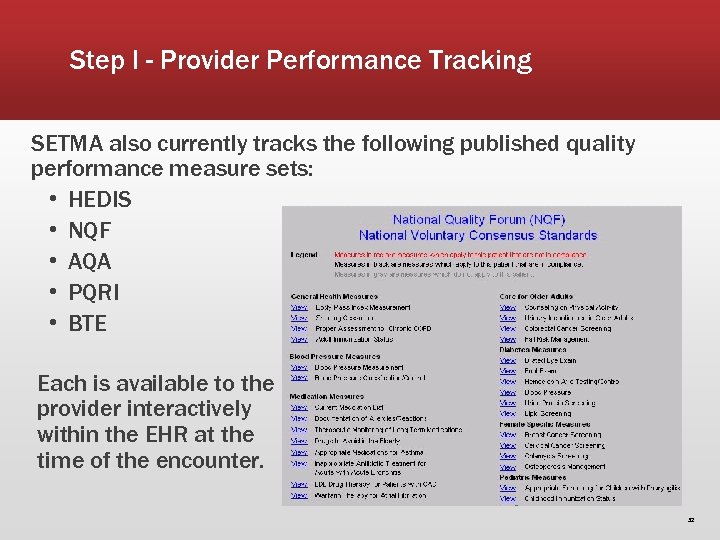 Step I - Provider Performance Tracking SETMA also currently tracks the following published quality