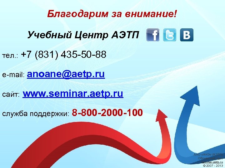 Благодарим за внимание! Учебный Центр АЭТП тел. : +7 (831) 435 -50 -88 e-mail: