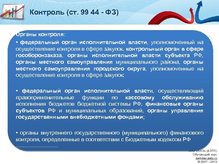Контроль (ст. 99 44 - ФЗ) Органы контроля: • федеральный орган исполнительной власти, уполномоченный