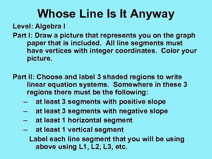Whose Line Is It Anyway Level: Algebra I Part I: Draw a picture that