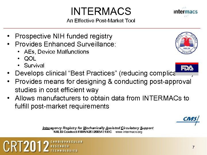 INTERMACS An Effective Post-Market Tool • Prospective NIH funded registry • Provides Enhanced Surveillance: