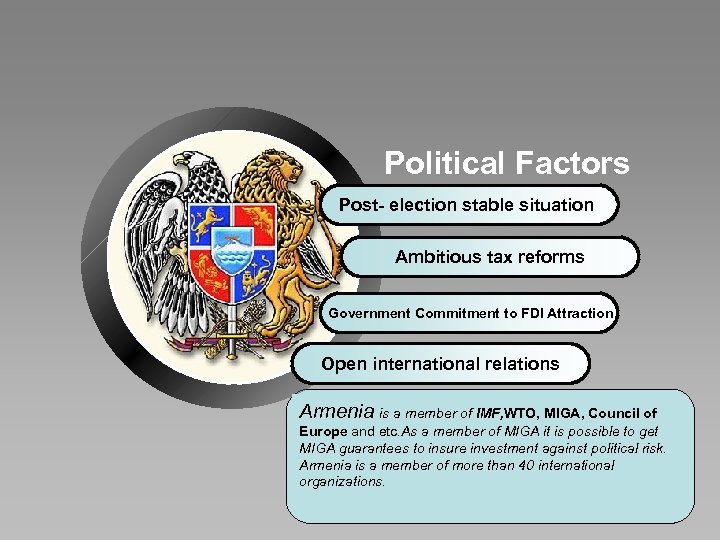 Political Factors Post- election stable situation Ambitious tax reforms Government Commitment to FDI Attraction