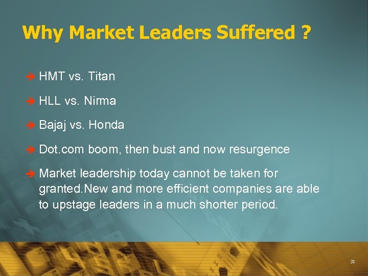 Why Market Leaders Suffered ? è HMT è HLL vs. Titan vs. Nirma è