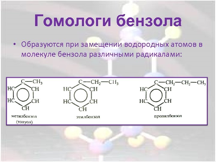 Гомологи бензола • Образуются при замещении водородных атомов в молекуле бензола различными радикалами: 