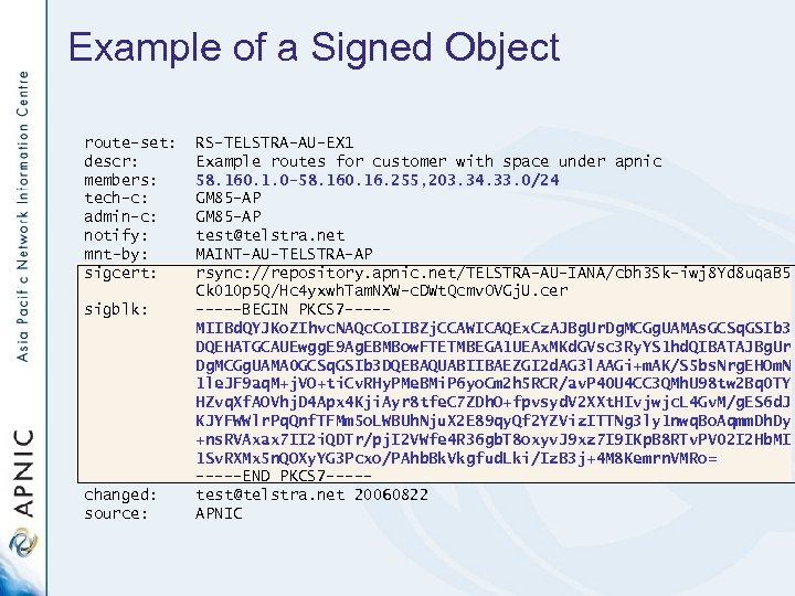Example of a Signed Object route-set: descr: members: tech-c: admin-c: notify: mnt-by: sigcert: sigblk: