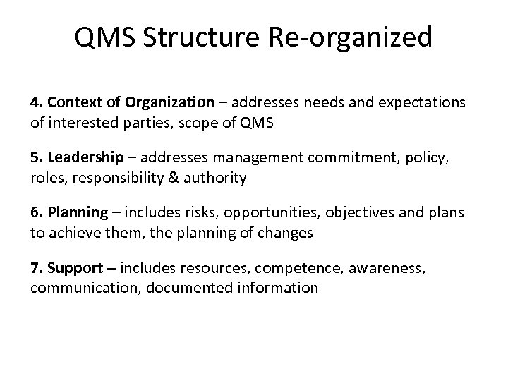 QMS Structure Re-organized 4. Context of Organization – addresses needs and expectations of interested