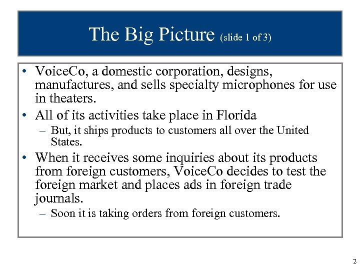 The Big Picture (slide 1 of 3) • Voice. Co, a domestic corporation, designs,