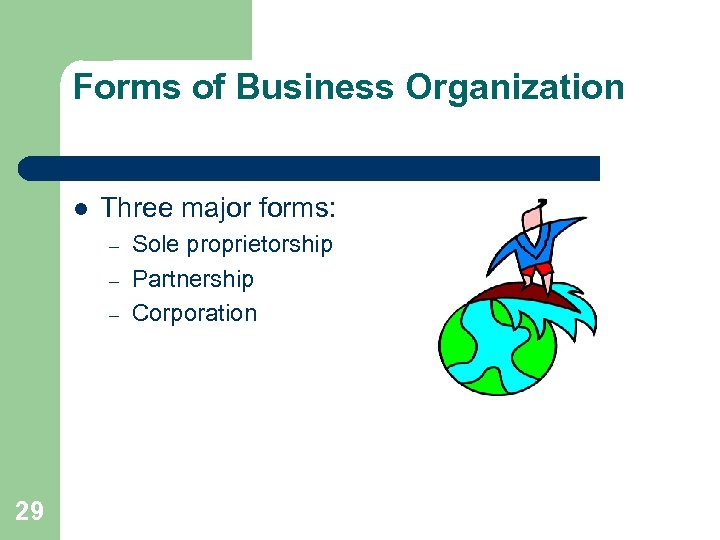 Forms of Business Organization l Three major forms: – – – 29 Sole proprietorship