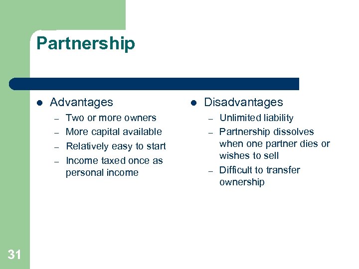 Partnership l Advantages – – 31 Two or more owners More capital available Relatively